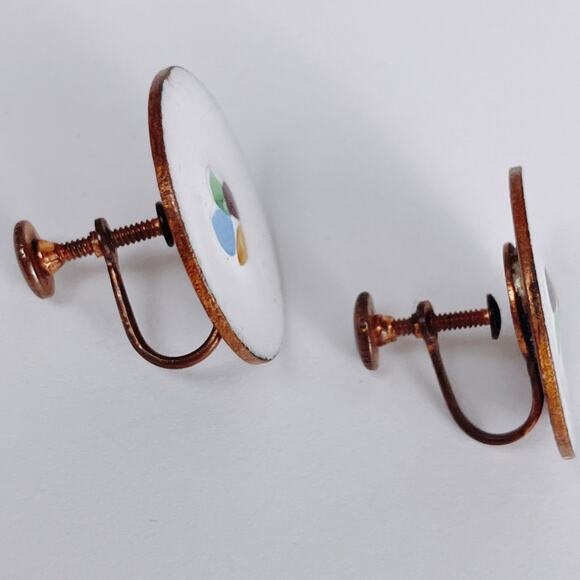 VTG 1950s Screw Back Earrings Enamel Copper Mid Century Modern - Picture 3 of 12